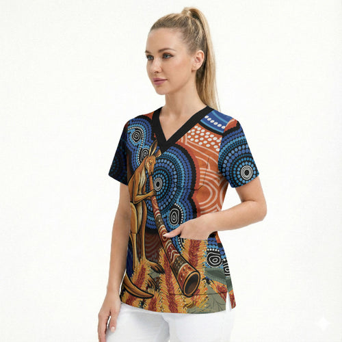 Personalised Australia Kangaroo Didgeridoo Scrub Top Bottlebrush Flowers Indigenous Art