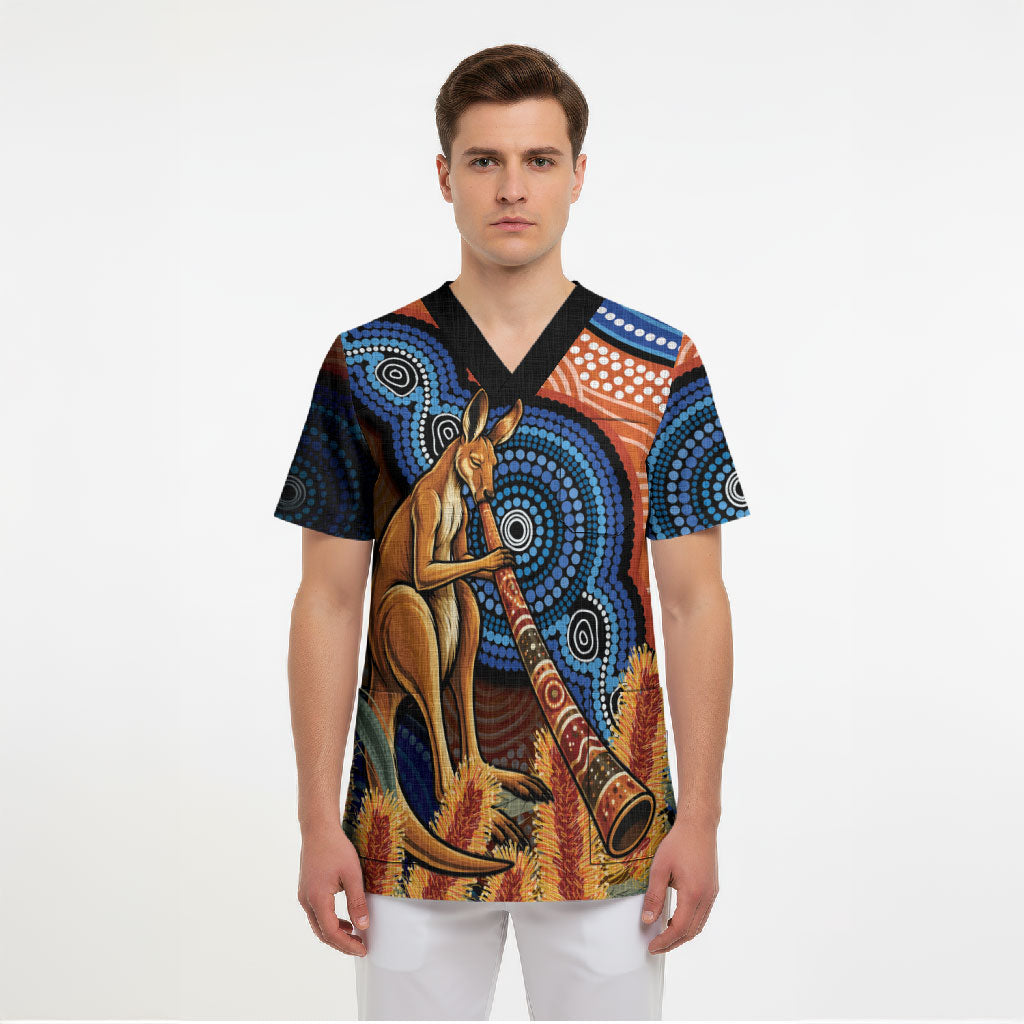 Personalised Australia Kangaroo Didgeridoo Scrub Top Bottlebrush Flowers Indigenous Art