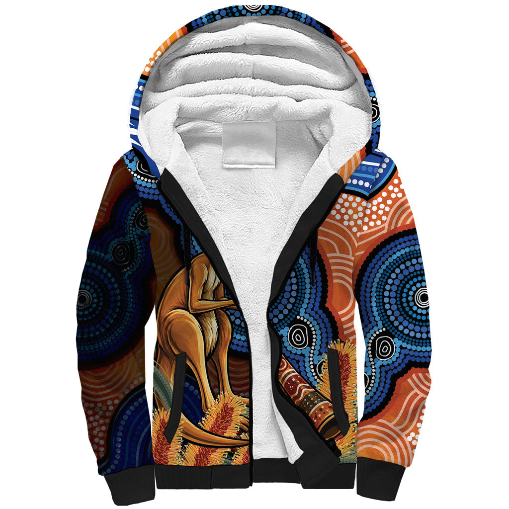 Personalised Australia Kangaroo Didgeridoo Sherpa Hoodie Bottlebrush Flowers Indigenous Art