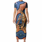 Personalised Australia Kangaroo Didgeridoo Short Sleeve Bodycon Dress Bottlebrush Flowers Indigenous Art