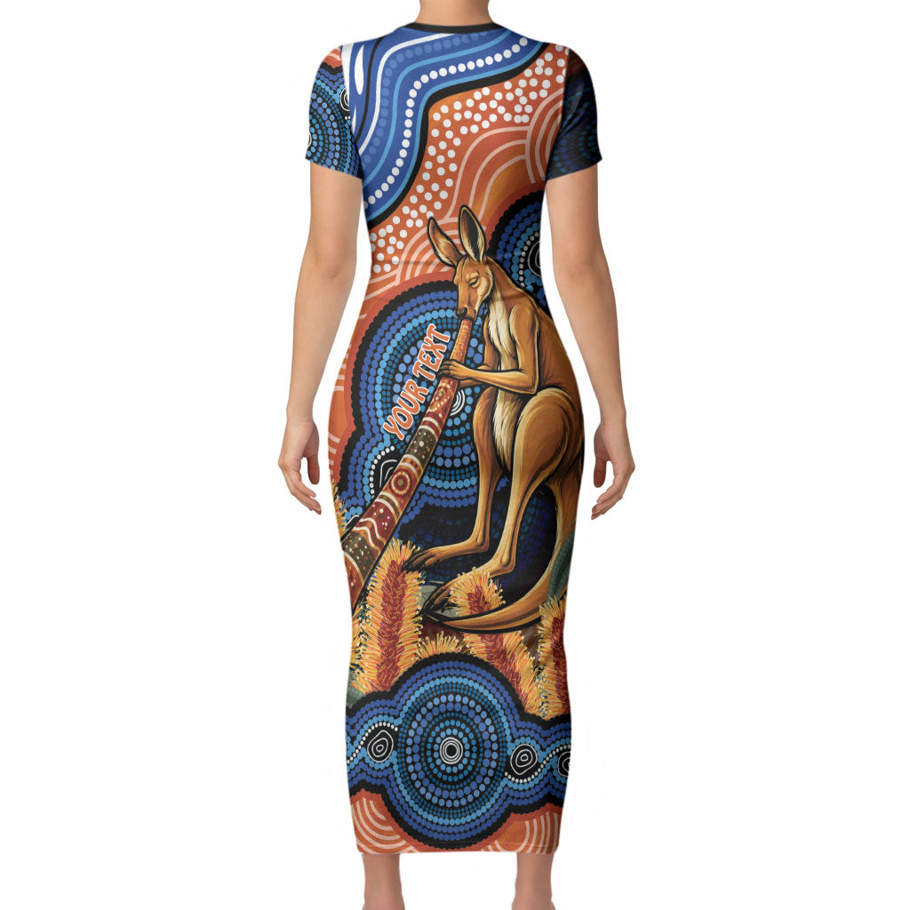Personalised Australia Kangaroo Didgeridoo Short Sleeve Bodycon Dress Bottlebrush Flowers Indigenous Art