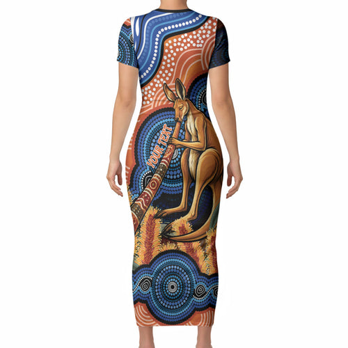 Personalised Australia Kangaroo Didgeridoo Short Sleeve Bodycon Dress Bottlebrush Flowers Indigenous Art