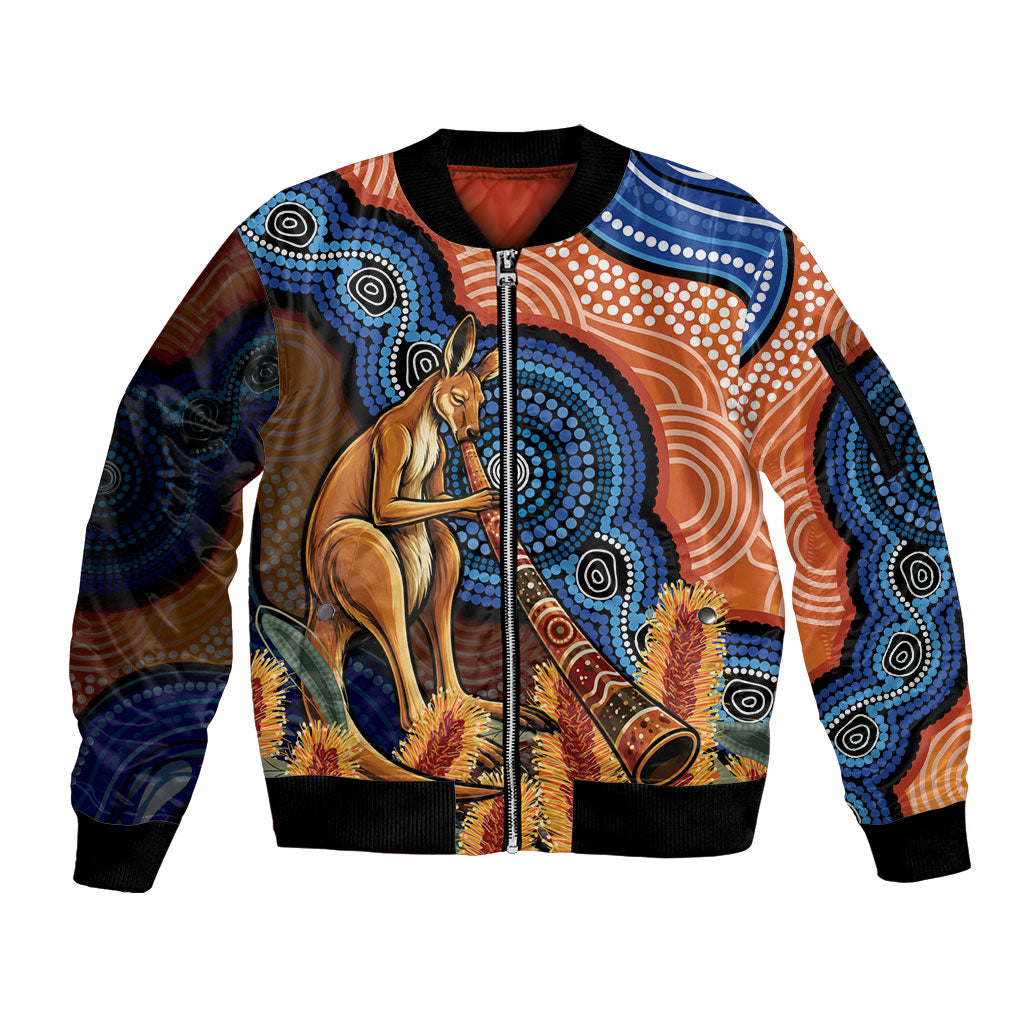 Personalised Australia Kangaroo Didgeridoo Sleeve Zip Bomber Jacket Bottlebrush Flowers Indigenous Art