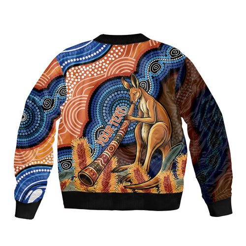 Personalised Australia Kangaroo Didgeridoo Sleeve Zip Bomber Jacket Bottlebrush Flowers Indigenous Art