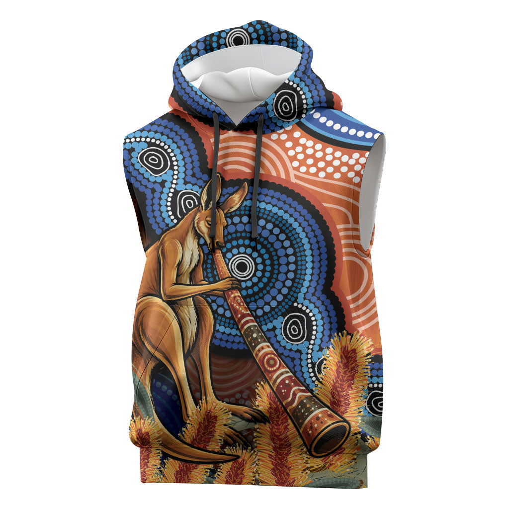 Personalised Australia Kangaroo Didgeridoo Sleeveless Hoodie Bottlebrush Flowers Indigenous Art