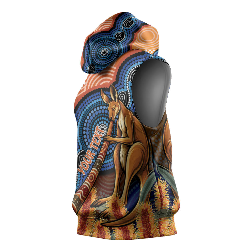 Personalised Australia Kangaroo Didgeridoo Sleeveless Hoodie Bottlebrush Flowers Indigenous Art