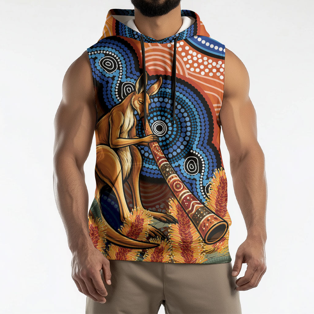 Personalised Australia Kangaroo Didgeridoo Sleeveless Hoodie Bottlebrush Flowers Indigenous Art