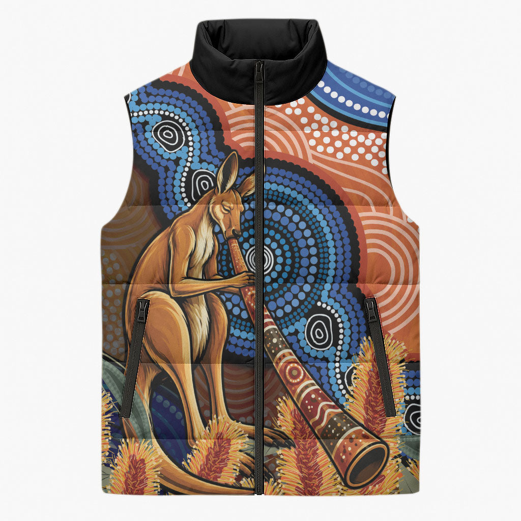 Personalised Australia Kangaroo Didgeridoo Sleeveless Puffer Jacket Bottlebrush Flowers Indigenous Art