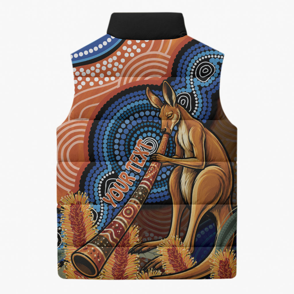 Personalised Australia Kangaroo Didgeridoo Sleeveless Puffer Jacket Bottlebrush Flowers Indigenous Art