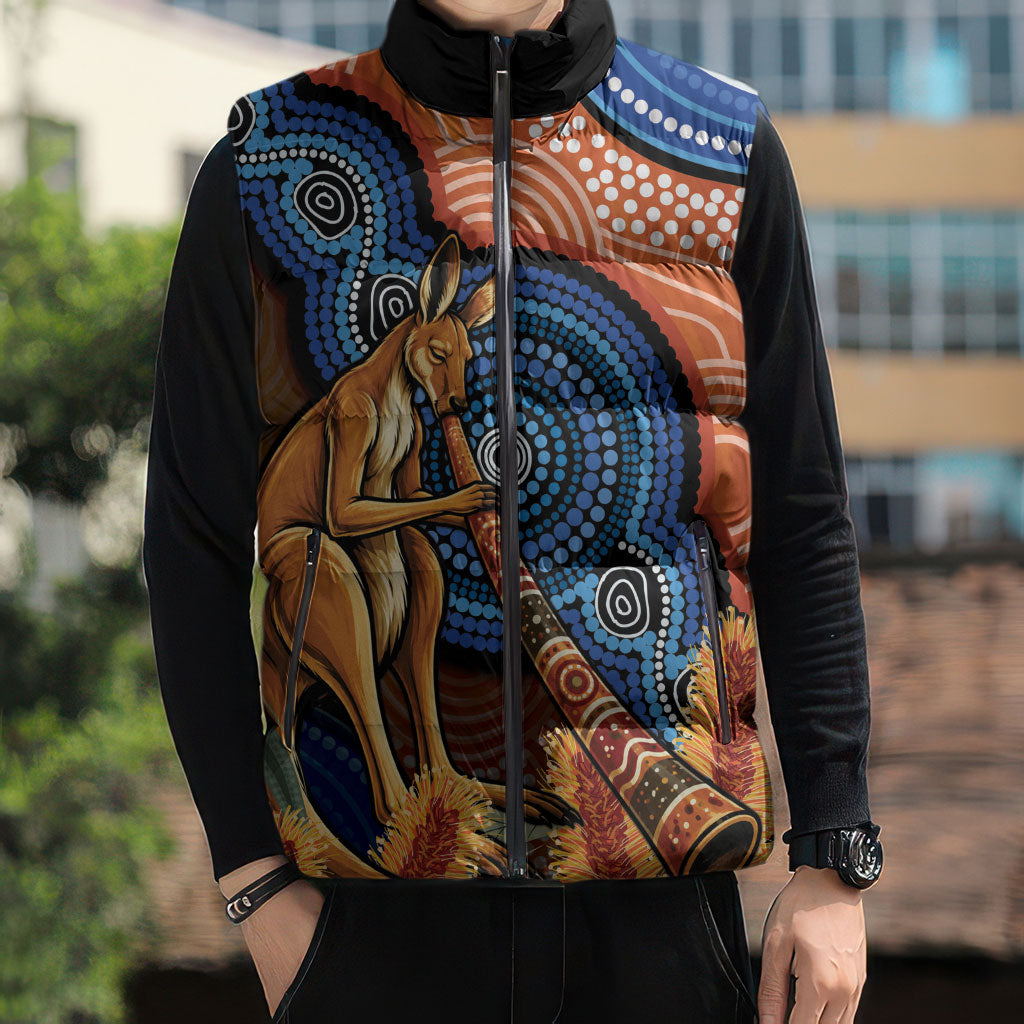 Personalised Australia Kangaroo Didgeridoo Sleeveless Puffer Jacket Bottlebrush Flowers Indigenous Art