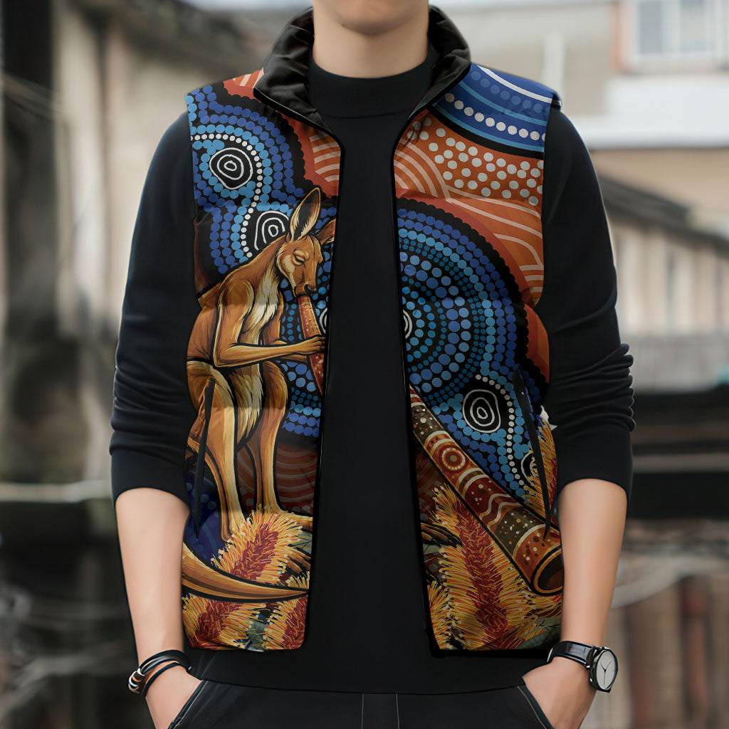 Personalised Australia Kangaroo Didgeridoo Sleeveless Puffer Jacket Bottlebrush Flowers Indigenous Art