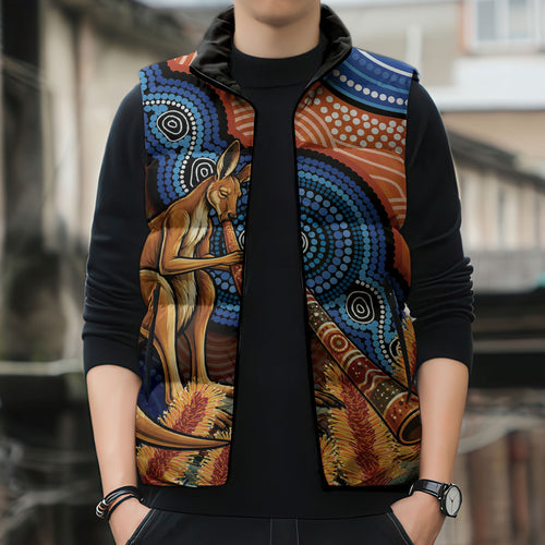 Personalised Australia Kangaroo Didgeridoo Sleeveless Puffer Jacket Bottlebrush Flowers Indigenous Art