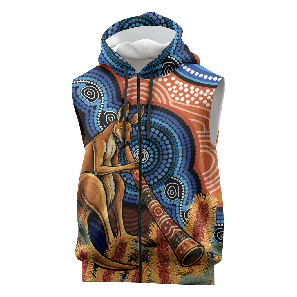 Personalised Australia Kangaroo Didgeridoo Sleeveless Zip Hoodie Bottlebrush Flowers Indigenous Art