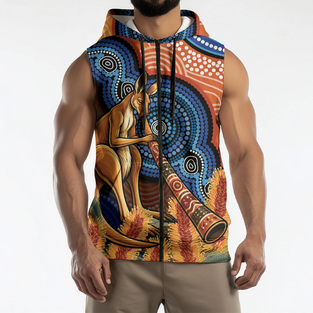 Personalised Australia Kangaroo Didgeridoo Sleeveless Zip Hoodie Bottlebrush Flowers Indigenous Art