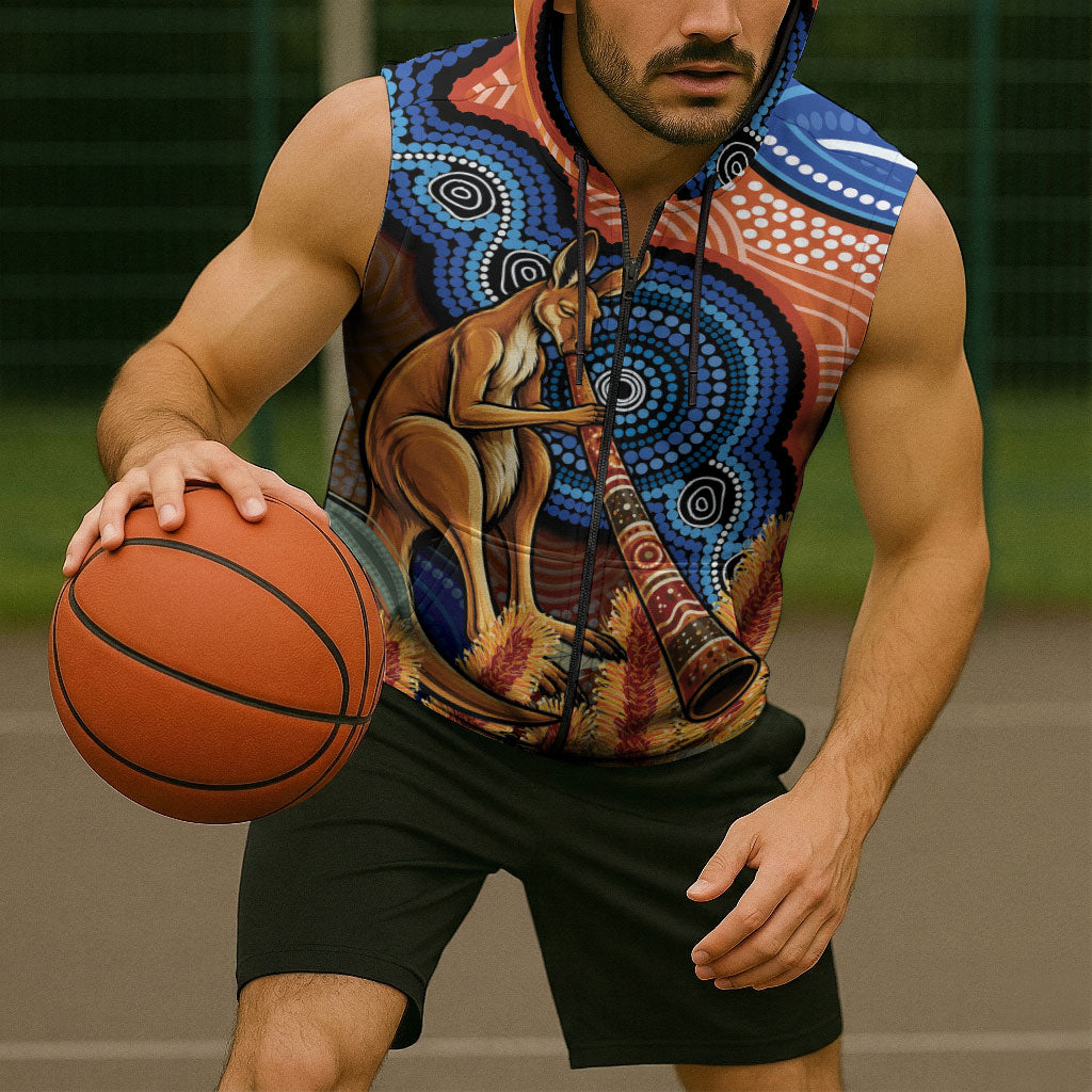 Personalised Australia Kangaroo Didgeridoo Sleeveless Zip Hoodie Bottlebrush Flowers Indigenous Art