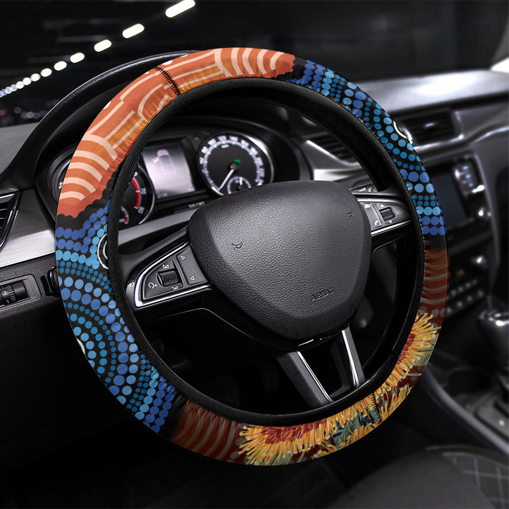 Australia Kangaroo Didgeridoo Steering Wheel Cover Bottlebrush Flowers Indigenous Art