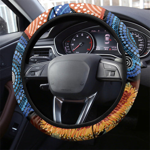 Australia Kangaroo Didgeridoo Steering Wheel Cover Bottlebrush Flowers Indigenous Art