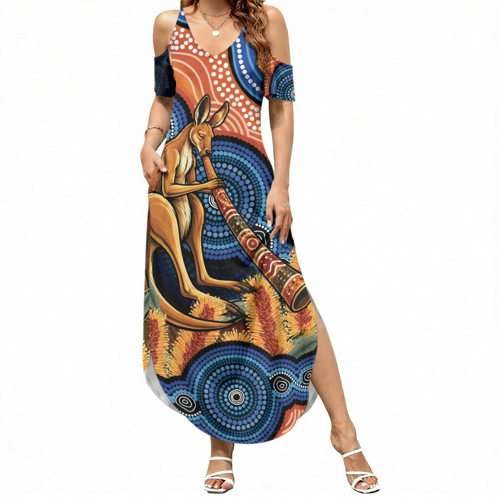 Personalised Australia Kangaroo Didgeridoo Summer Maxi Dress Bottlebrush Flowers Indigenous Art