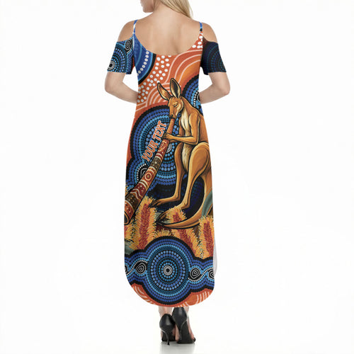Personalised Australia Kangaroo Didgeridoo Summer Maxi Dress Bottlebrush Flowers Indigenous Art