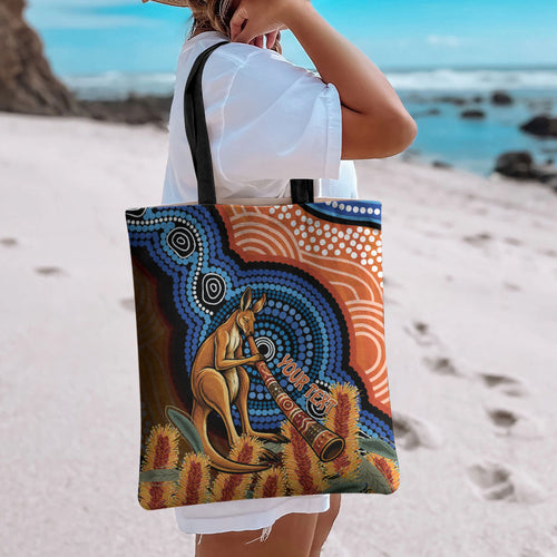 Personalised Australia Kangaroo Didgeridoo Tote Bag Bottlebrush Flowers Indigenous Art