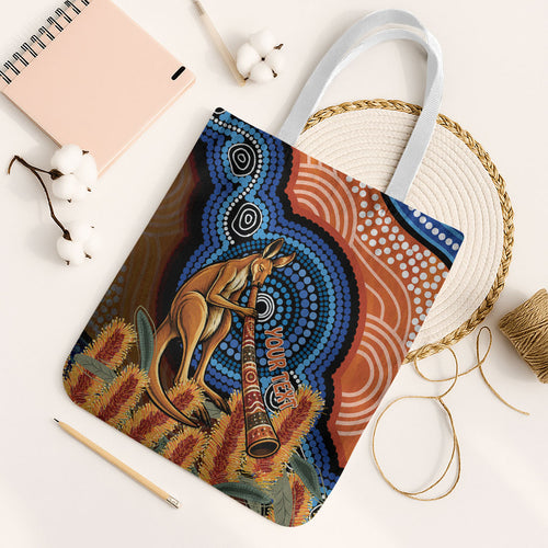 Personalised Australia Kangaroo Didgeridoo Tote Bag Bottlebrush Flowers Indigenous Art
