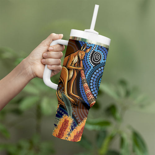 Personalised Australia Kangaroo Didgeridoo Tumbler With Handle Bottlebrush Flowers Indigenous Art