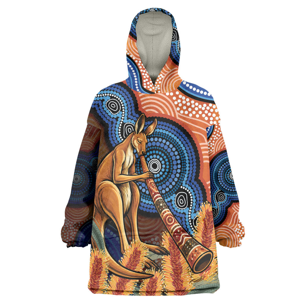 Personalised Australia Kangaroo Didgeridoo Wearable Blanket Hoodie Bottlebrush Flowers Indigenous Art