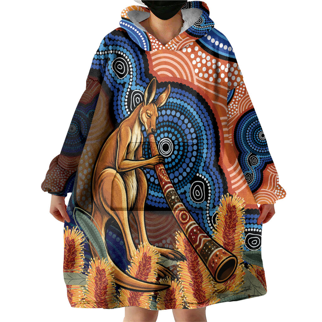 Personalised Australia Kangaroo Didgeridoo Wearable Blanket Hoodie Bottlebrush Flowers Indigenous Art