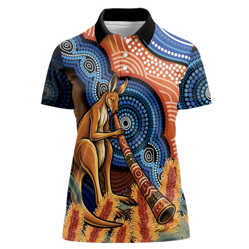 Personalised Australia Kangaroo Didgeridoo Women Polo Shirt Bottlebrush Flowers Indigenous Art