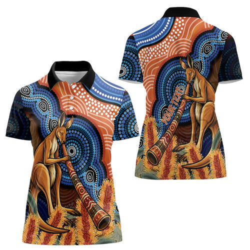 Personalised Australia Kangaroo Didgeridoo Women Polo Shirt Bottlebrush Flowers Indigenous Art