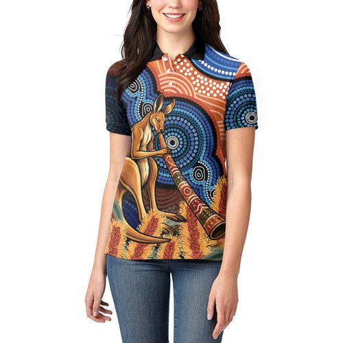 Personalised Australia Kangaroo Didgeridoo Women Polo Shirt Bottlebrush Flowers Indigenous Art