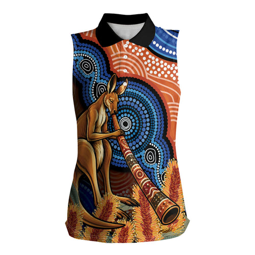Personalised Australia Kangaroo Didgeridoo Women Sleeveless Polo Shirt Bottlebrush Flowers Indigenous Art