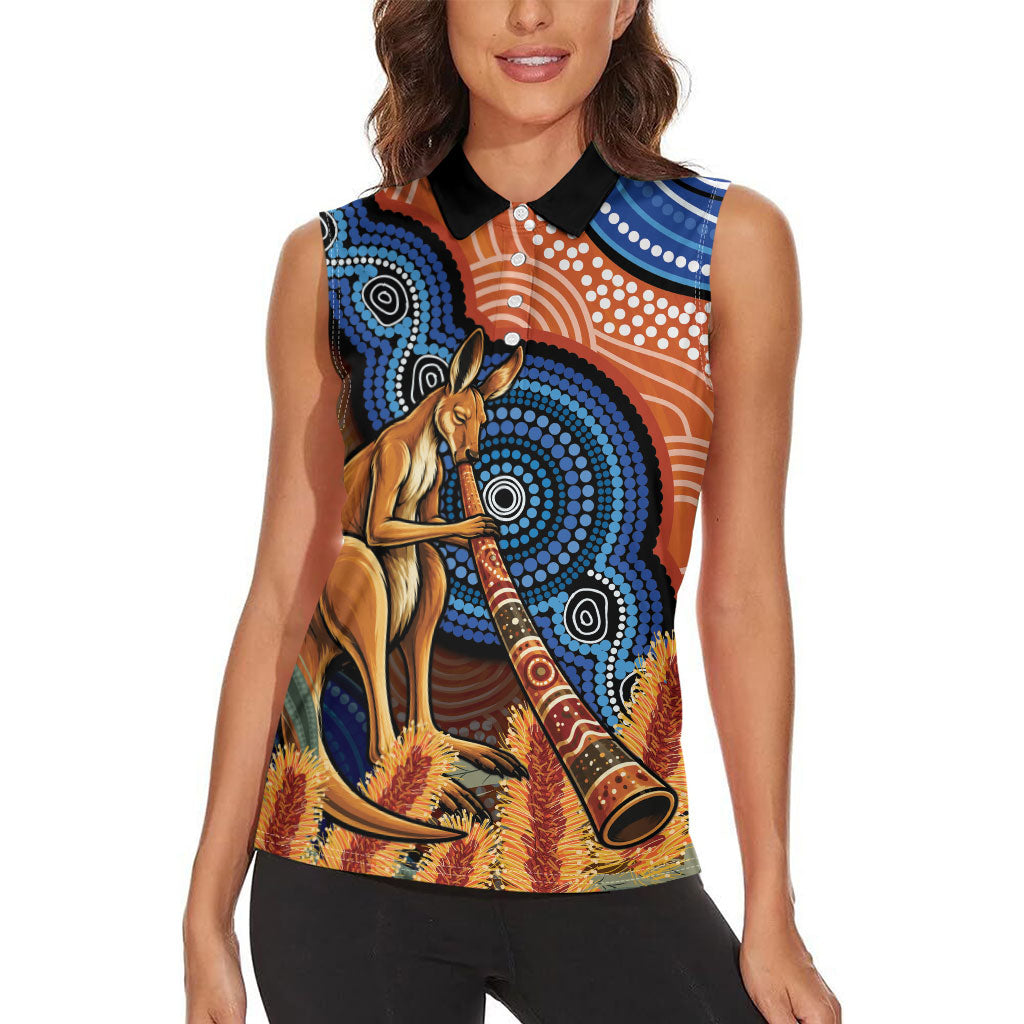 Personalised Australia Kangaroo Didgeridoo Women Sleeveless Polo Shirt Bottlebrush Flowers Indigenous Art