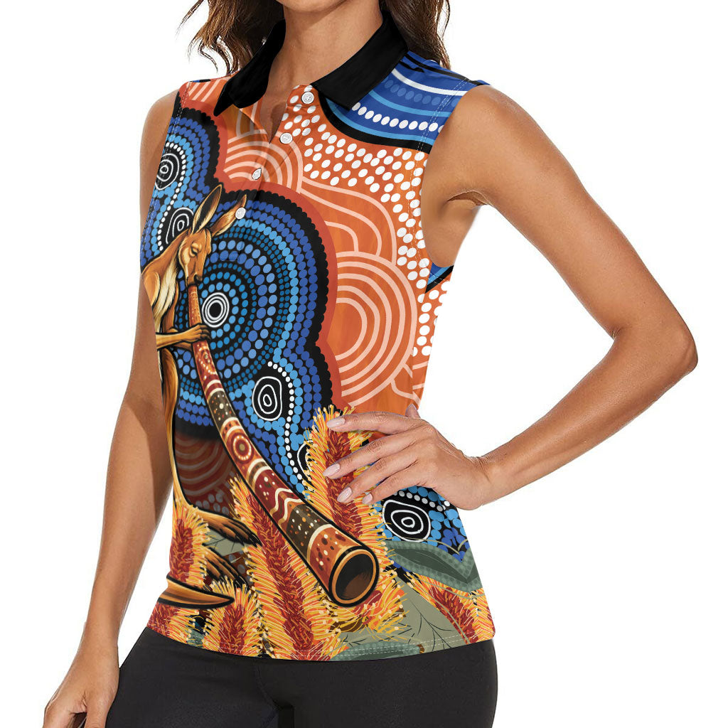 Personalised Australia Kangaroo Didgeridoo Women Sleeveless Polo Shirt Bottlebrush Flowers Indigenous Art