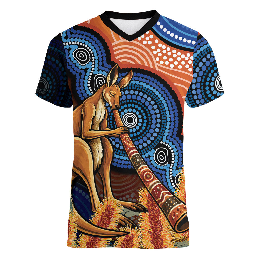Personalised Australia Kangaroo Didgeridoo Women V-Neck T-Shirt Bottlebrush Flowers Indigenous Art