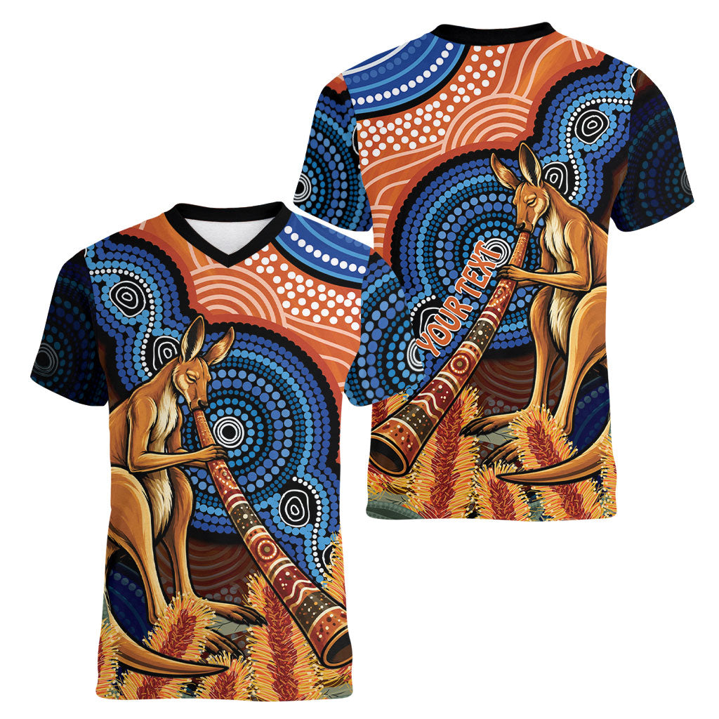 Personalised Australia Kangaroo Didgeridoo Women V-Neck T-Shirt Bottlebrush Flowers Indigenous Art