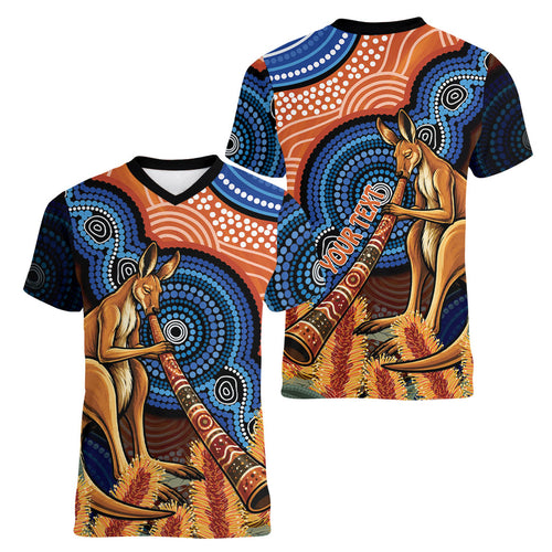 Personalised Australia Kangaroo Didgeridoo Women V-Neck T-Shirt Bottlebrush Flowers Indigenous Art
