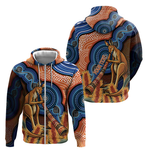 Personalised Australia Kangaroo Didgeridoo Zip Hoodie Bottlebrush Flowers Indigenous Art