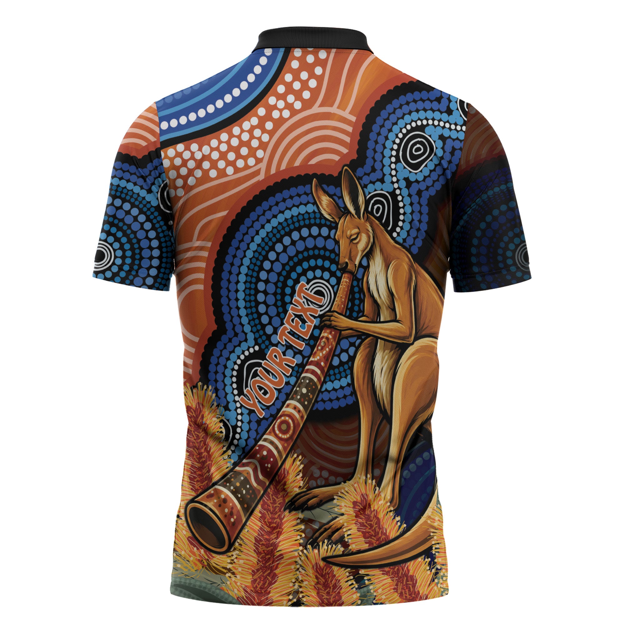 Personalised Australia Kangaroo Didgeridoo Zipper Polo Shirt Bottlebrush Flowers Indigenous Art