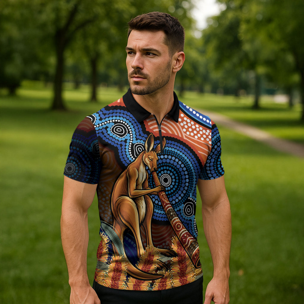 Personalised Australia Kangaroo Didgeridoo Zipper Polo Shirt Bottlebrush Flowers Indigenous Art