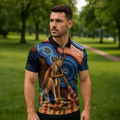 Personalised Australia Kangaroo Didgeridoo Zipper Polo Shirt Bottlebrush Flowers Indigenous Art
