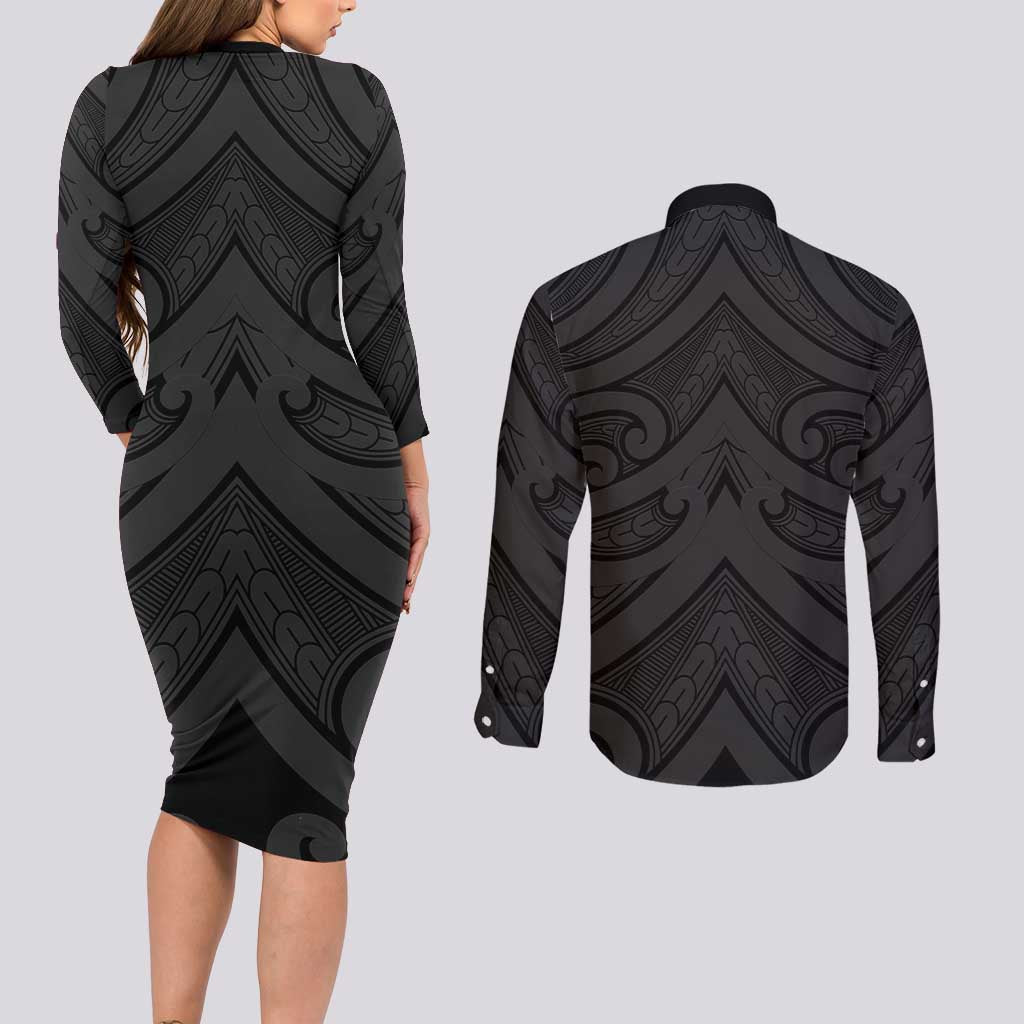 Poutama Korowai New Zealand Couples Matching Long Sleeve Bodycon Dress and Long Sleeve Button Shirt Aotearoa Maori Tattoo - Aussie Hoodie