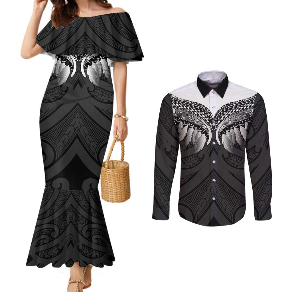 Poutama Korowai New Zealand Couples Matching Mermaid Dress and Long Sleeve Button Shirt Aotearoa Maori Tattoo - Aussie Hoodie