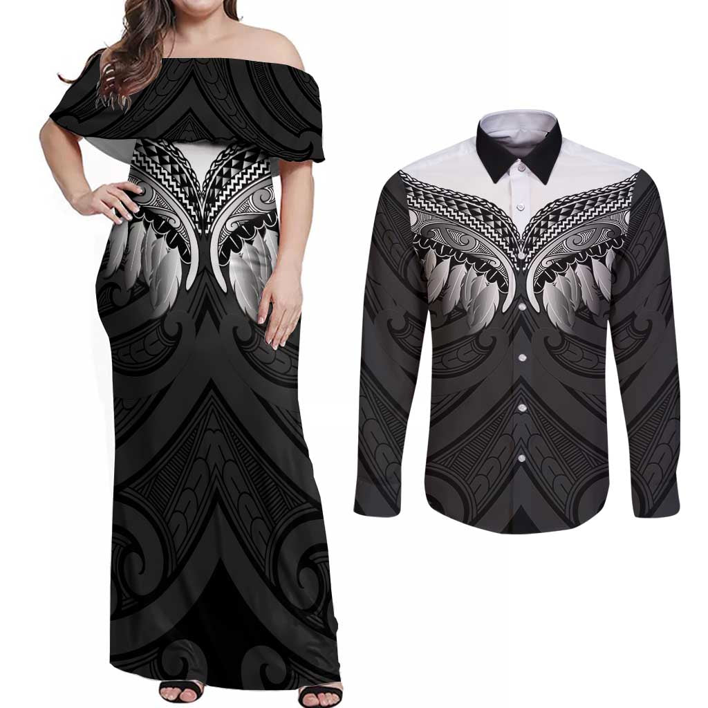 Poutama Korowai New Zealand Couples Matching Off Shoulder Maxi Dress and Long Sleeve Button Shirt Aotearoa Maori Tattoo - Aussie Hoodie