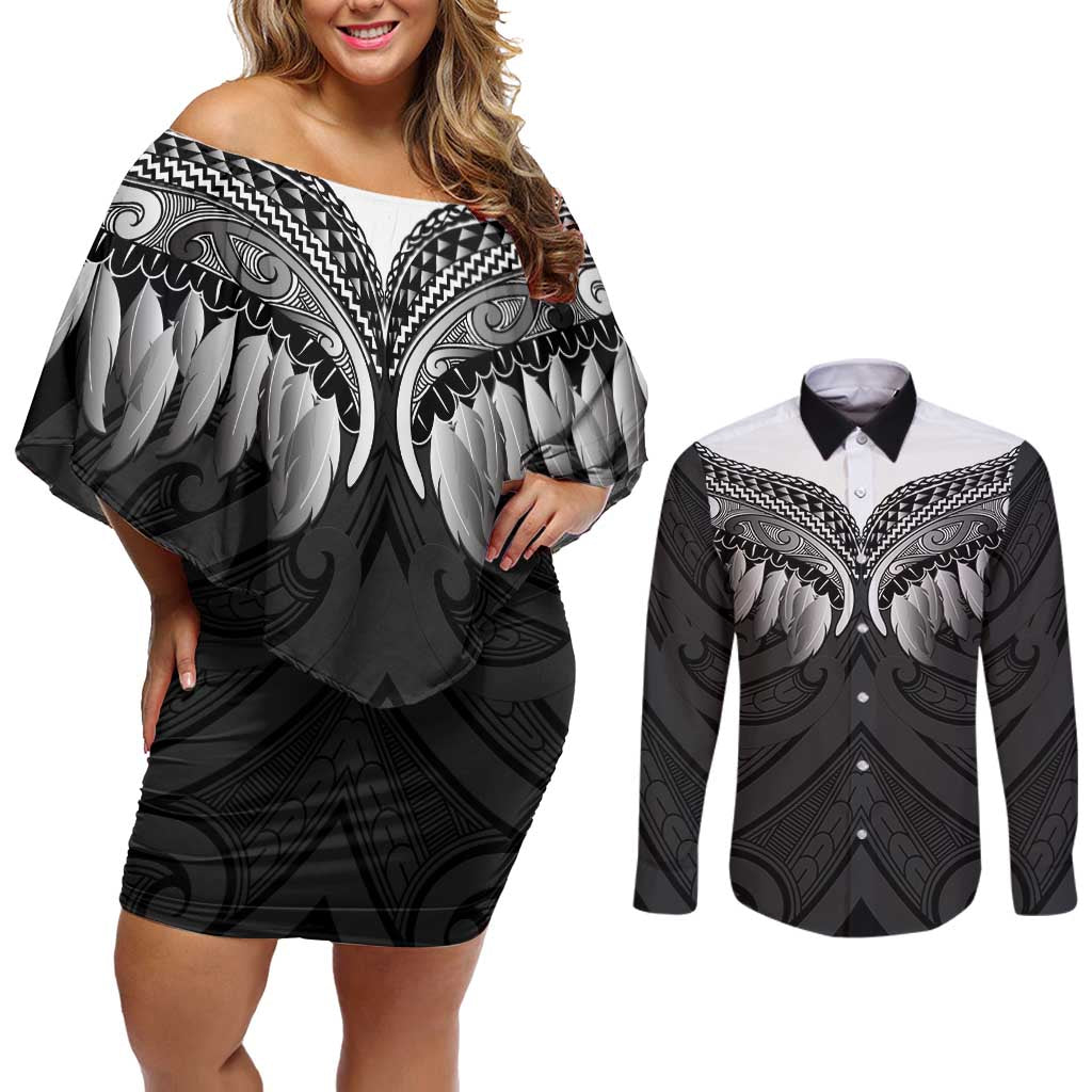 Poutama Korowai New Zealand Couples Matching Off Shoulder Short Dress and Long Sleeve Button Shirt Aotearoa Maori Tattoo - Aussie Hoodie