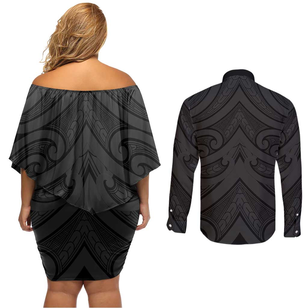 Poutama Korowai New Zealand Couples Matching Off Shoulder Short Dress and Long Sleeve Button Shirt Aotearoa Maori Tattoo - Aussie Hoodie