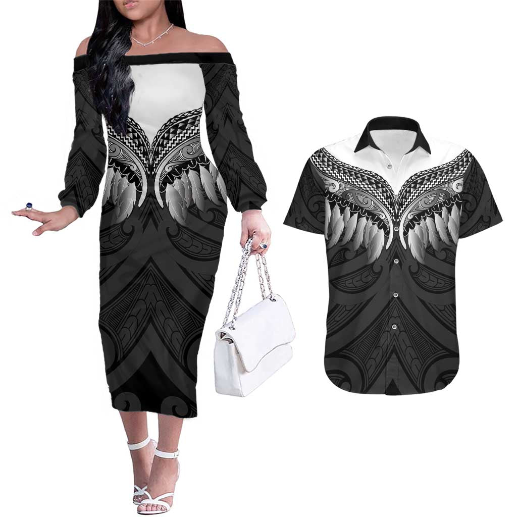 Poutama Korowai New Zealand Couples Matching Off The Shoulder Long Sleeve Dress and Hawaiian Shirt Aotearoa Maori Tattoo - Aussie Hoodie