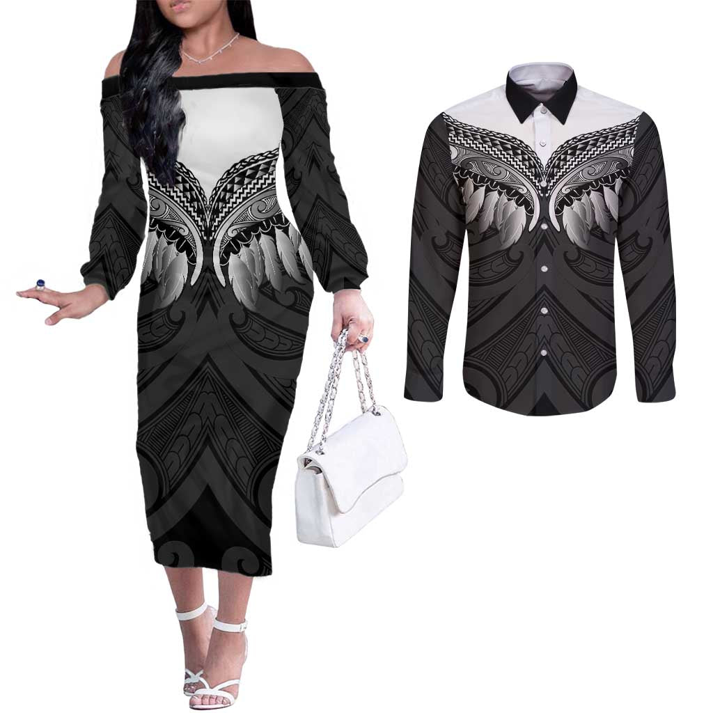 Poutama Korowai New Zealand Couples Matching Off The Shoulder Long Sleeve Dress and Long Sleeve Button Shirt Aotearoa Maori Tattoo - Aussie Hoodie