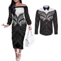 Poutama Korowai New Zealand Couples Matching Off The Shoulder Long Sleeve Dress and Long Sleeve Button Shirt Aotearoa Maori Tattoo - Aussie Hoodie