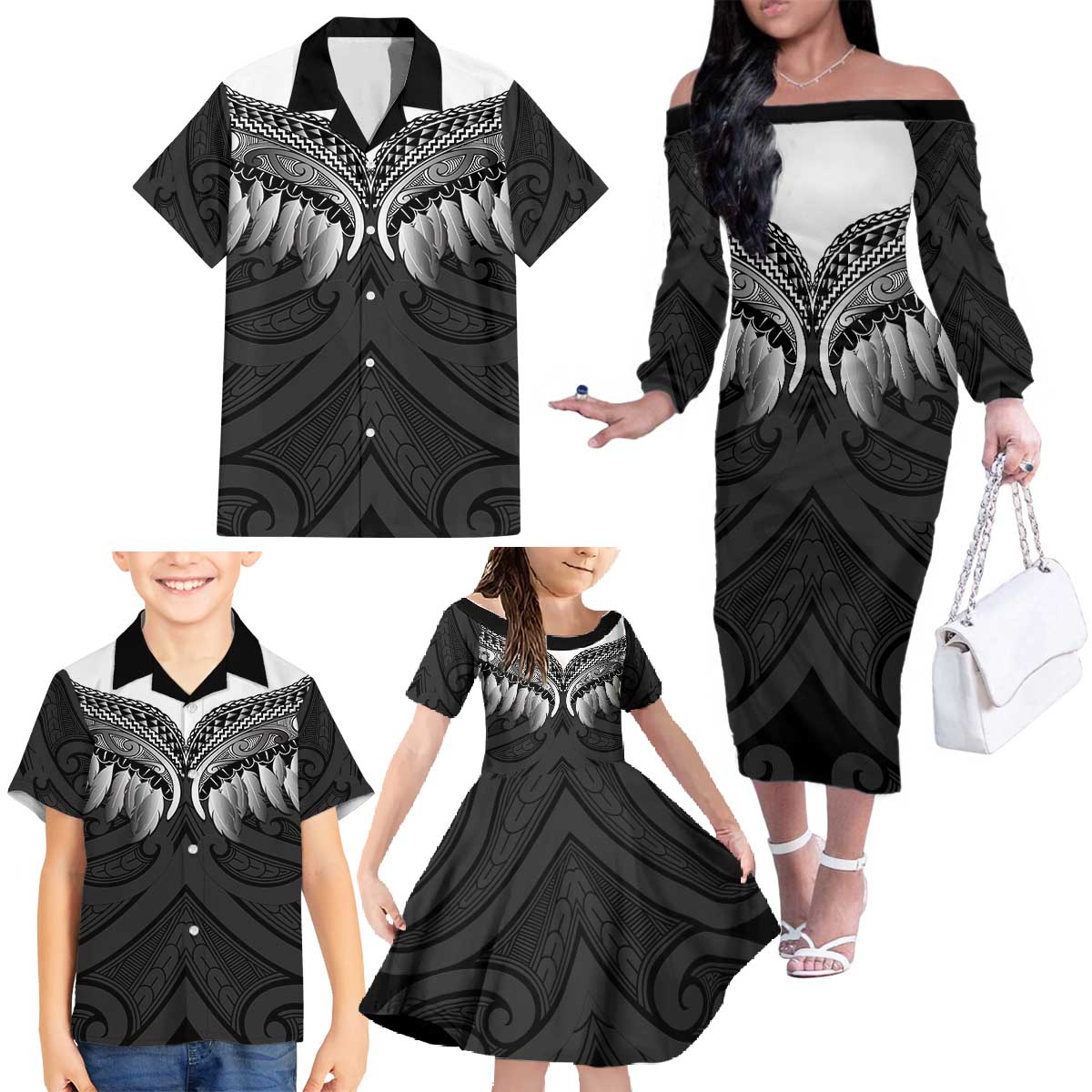 Poutama Korowai New Zealand Family Matching Off The Shoulder Long Sleeve Dress and Hawaiian Shirt Aotearoa Maori Tattoo - Aussie Hoodie